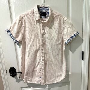 DENIM & FLOWER RICKY SINGH Pink and Blue Polka Dot Short Sleeve Button Down Top